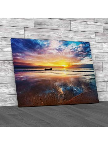 Beach Sunset with Boat Canvas Print Large Picture Wall Art